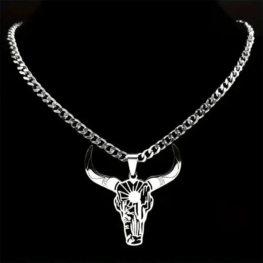 Stainless Steel Longhorn Bull Head Skull Sun Cactus Necklace